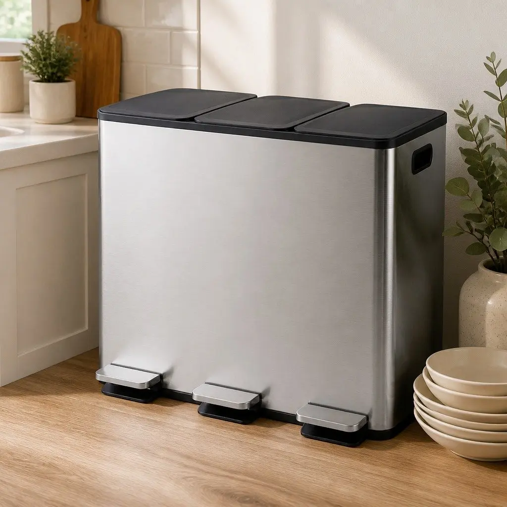 3 Compartment Pedal Rubbish Bin Kitchen Trash Can 54L Waste Sorting Recycling