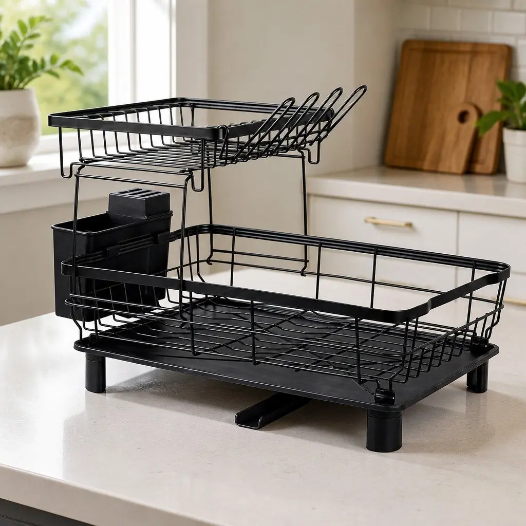 2 Tier Dish Drying Rack Spacious Kitchen Organizer Black