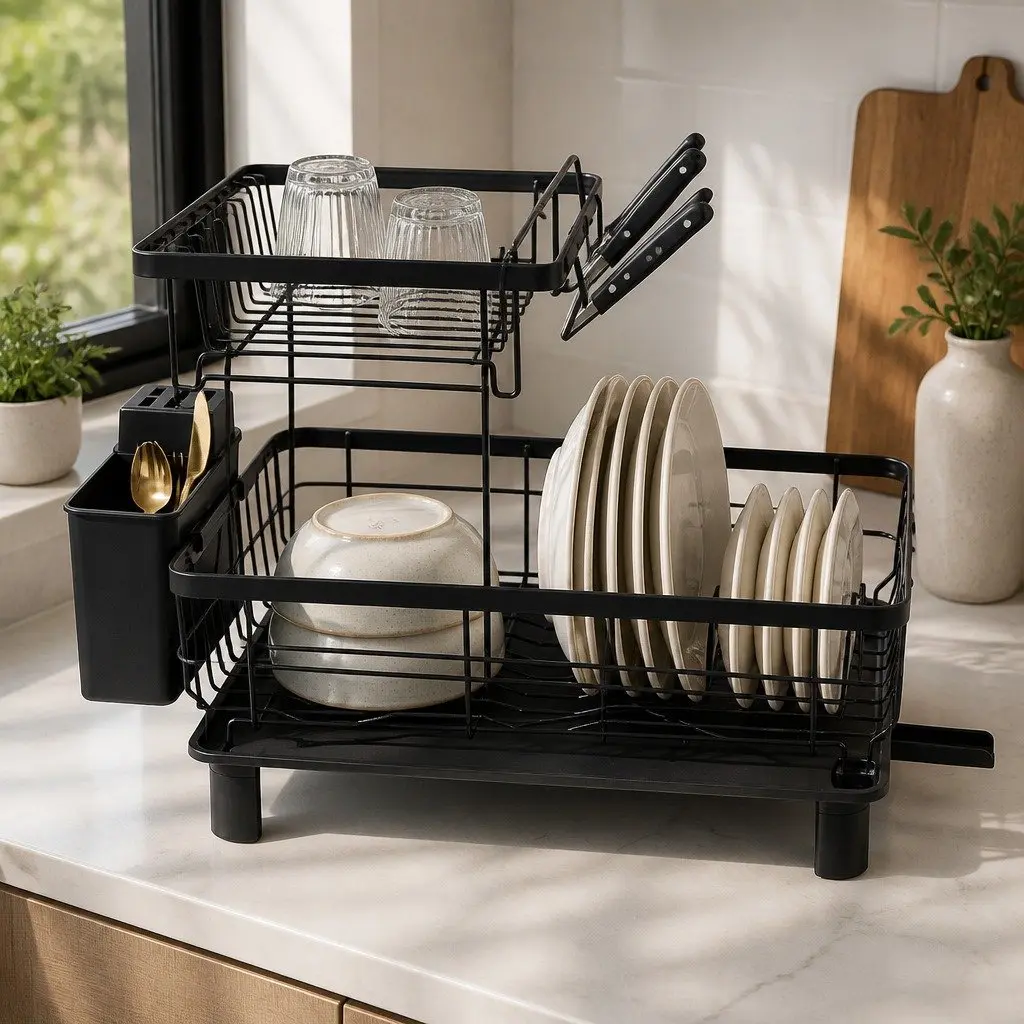2 Tier Dish Drying Rack Spacious Kitchen Organizer Black