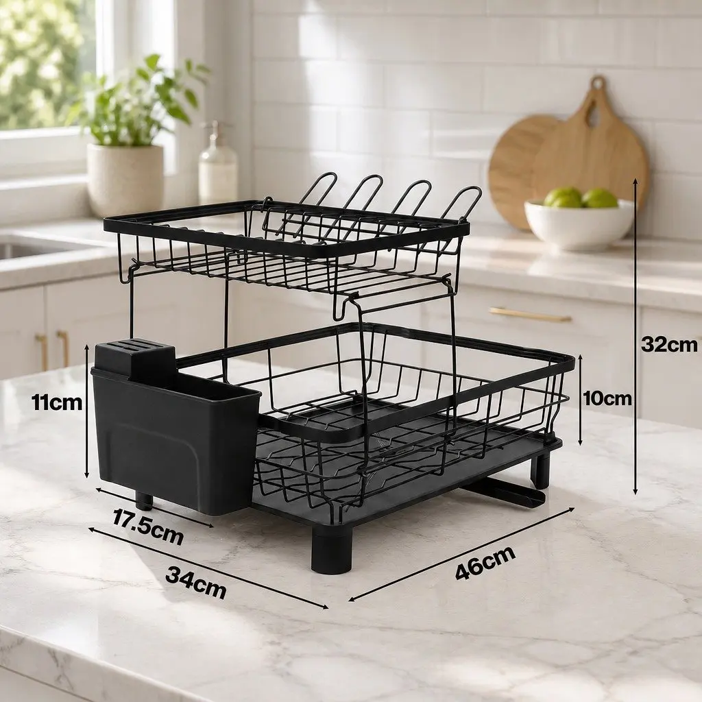2 Tier Dish Drying Rack Spacious Kitchen Organizer Black