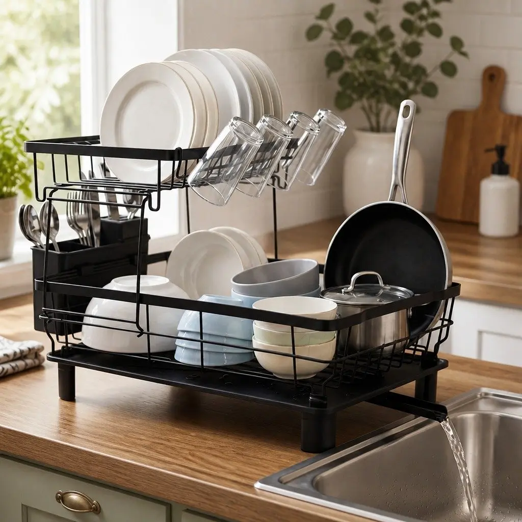 2 Tier Dish Drying Rack Spacious Kitchen Organizer Black