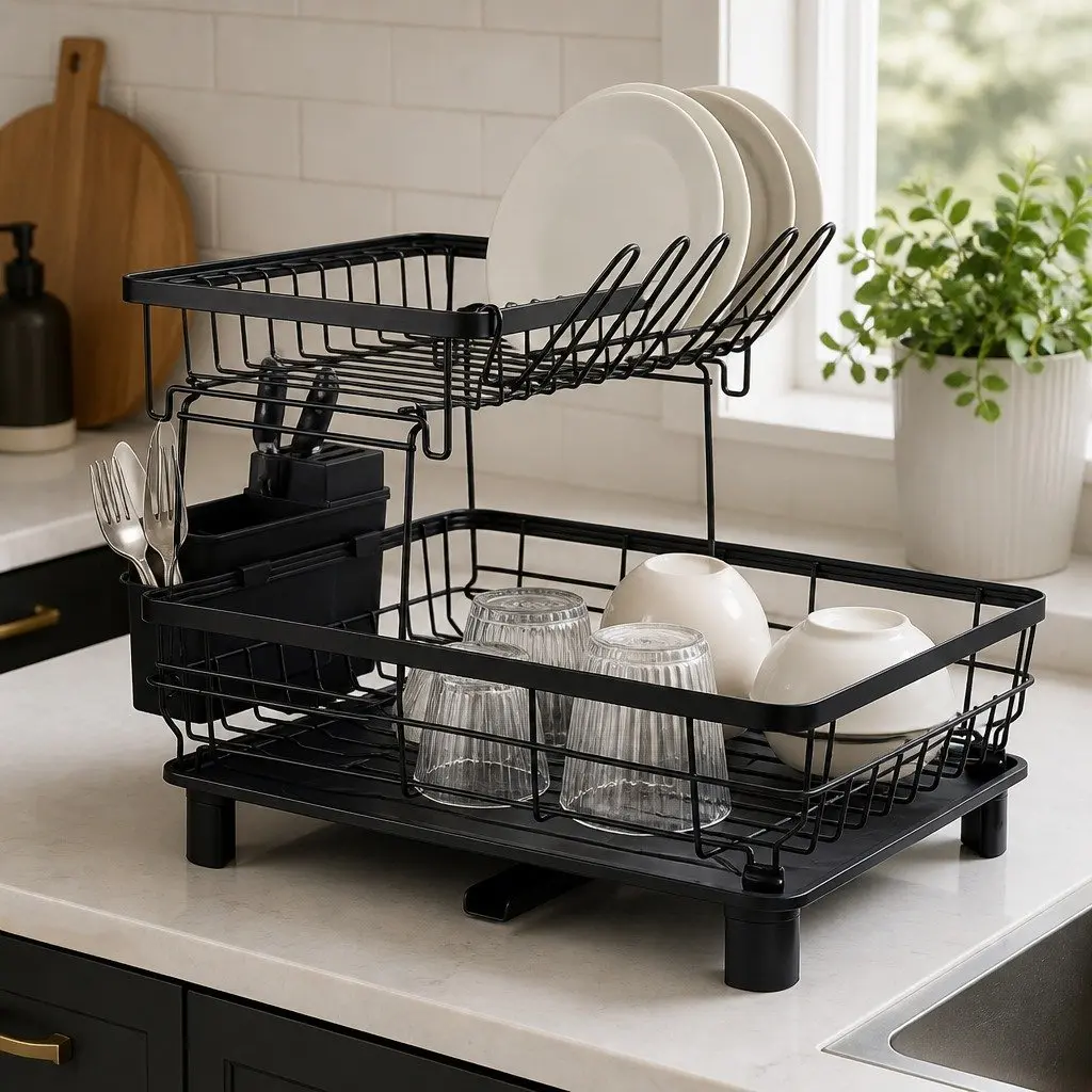 2 Tier Dish Drying Rack Spacious Kitchen Organizer Black