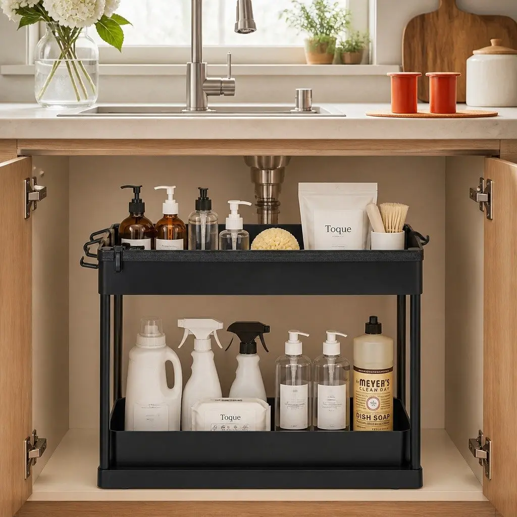 Under Sink Organizer 2 Tier Storage Rack Pull Out Drawer Drainage Kitchen