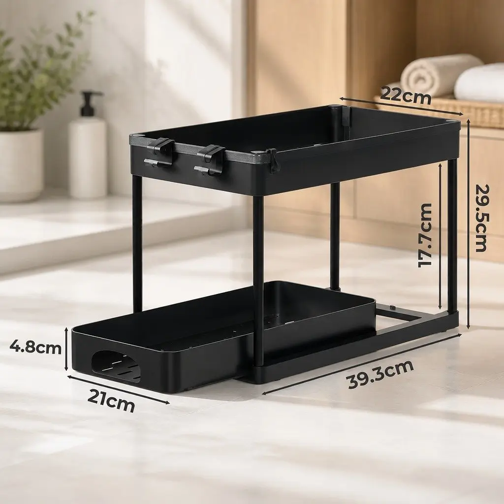 Under Sink Organizer 2 Tier Storage Rack Pull Out Drawer Drainage Kitchen