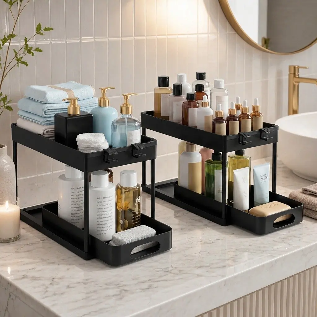 Under Sink Organizer 2 Tier Storage Rack Pull Out Drawer Drainage Kitchen