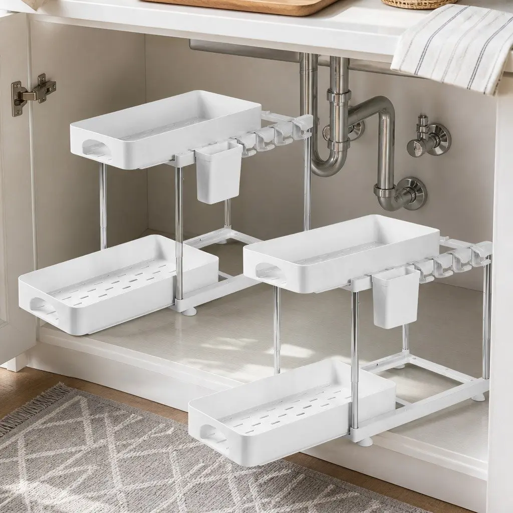 Under Sink Cabinet Organizer Adjustable 2 Tier Storage Rack for Kitchen Bathroom