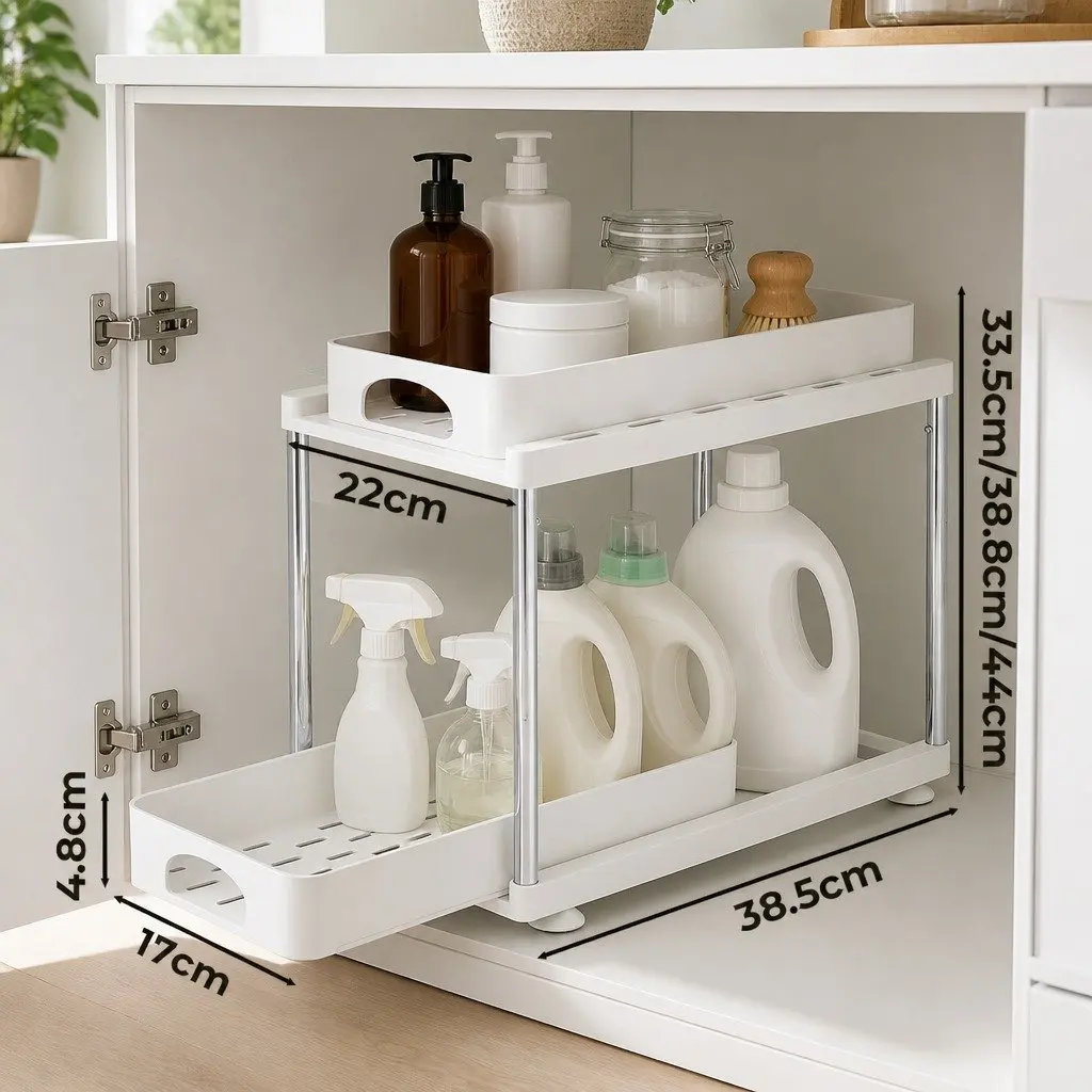 Under Sink Cabinet Organizer Adjustable 2 Tier Storage Rack for Kitchen Bathroom