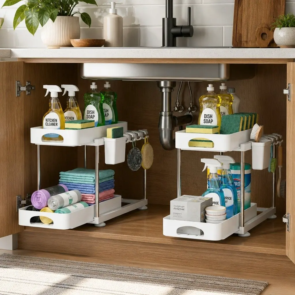 Under Sink Cabinet Organizer Adjustable 2 Tier Storage Rack for Kitchen Bathroom