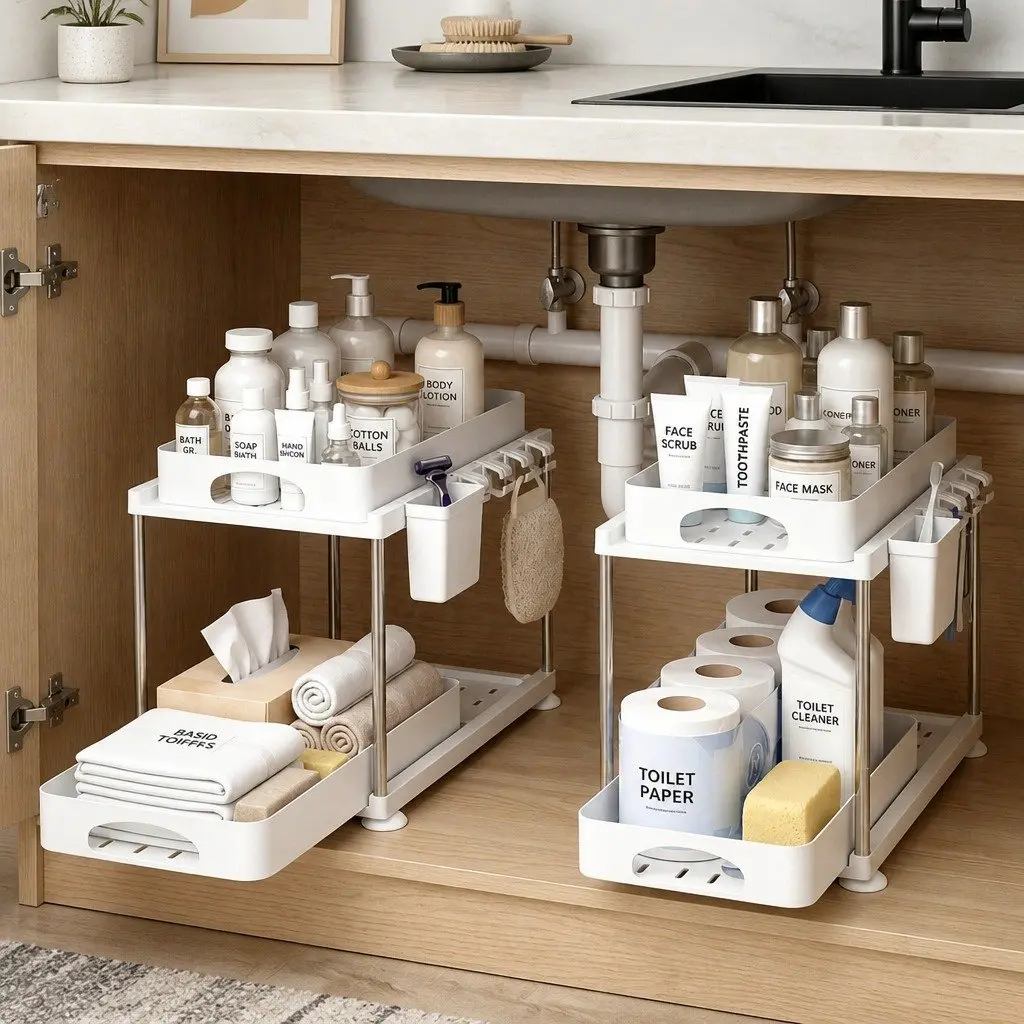 Under Sink Cabinet Organizer Adjustable 2 Tier Storage Rack for Kitchen Bathroom