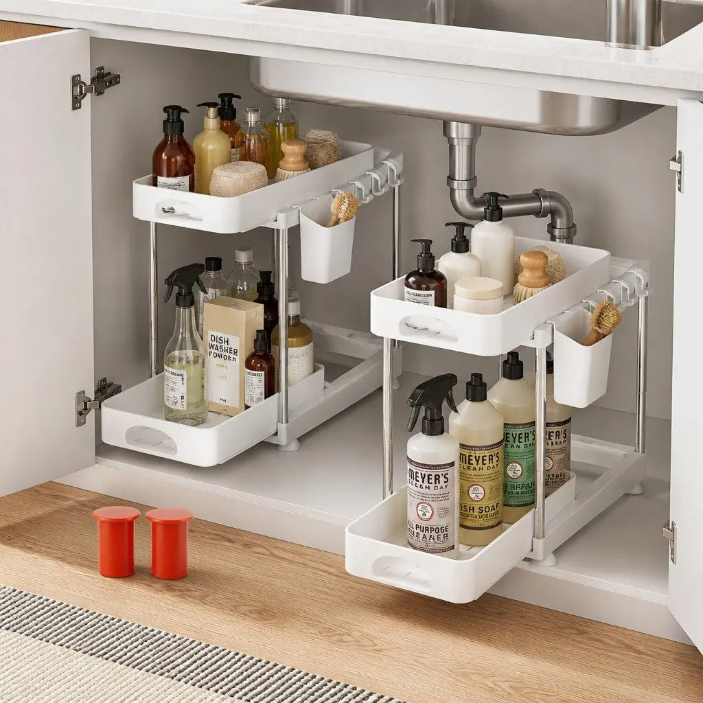 Under Sink Cabinet Organizer Adjustable 2 Tier Storage Rack for Kitchen Bathroom