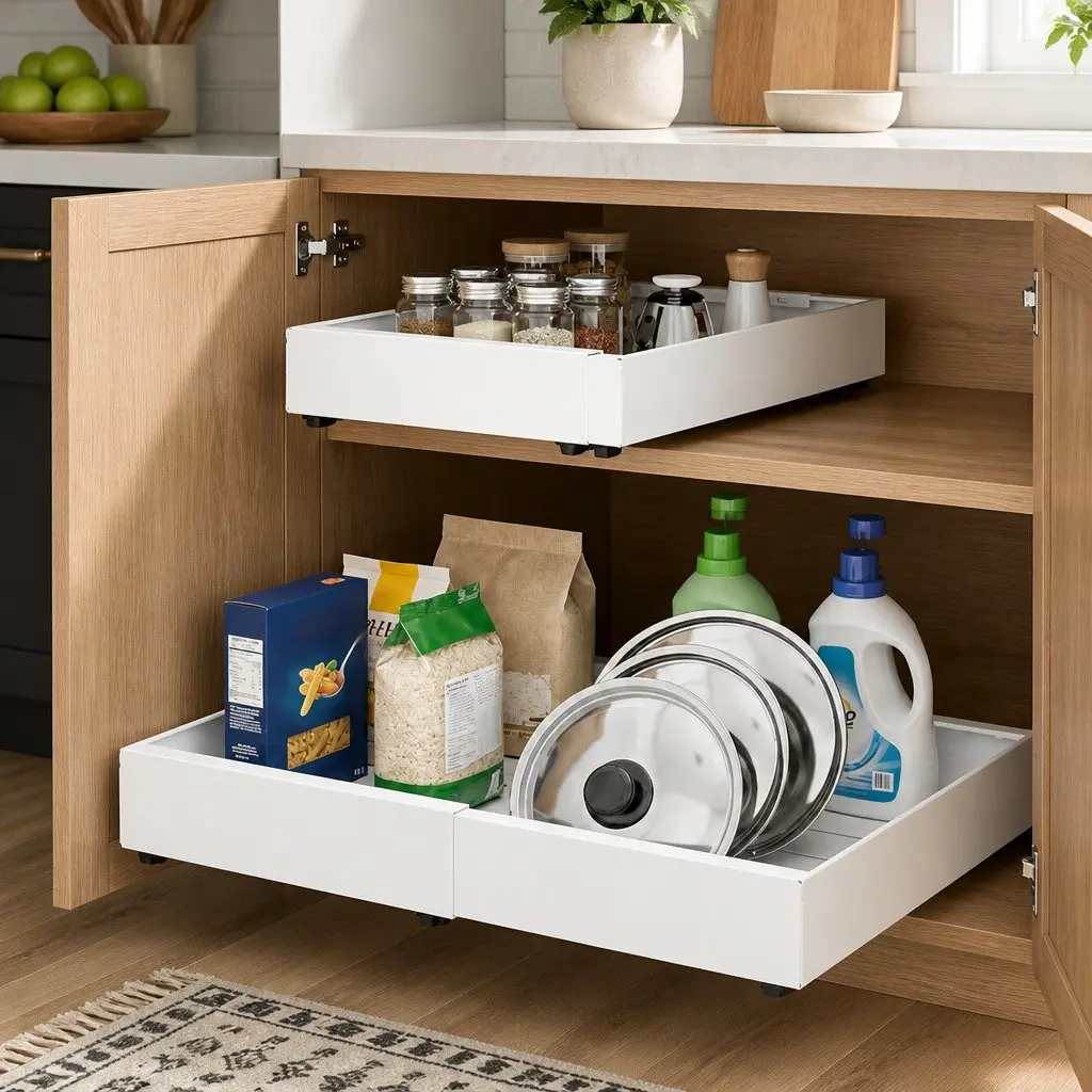 Pull Out Cabinet Organizer Drawer Shelf Adjustable Width 42cm Depth 2 Piece