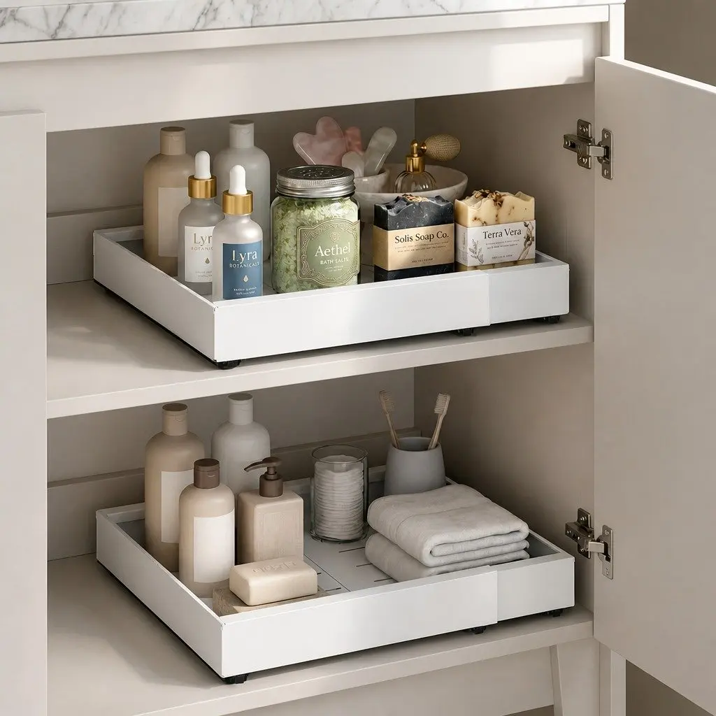 Pull Out Cabinet Organizer Drawer Shelf Adjustable Width 42cm Depth 2 Piece