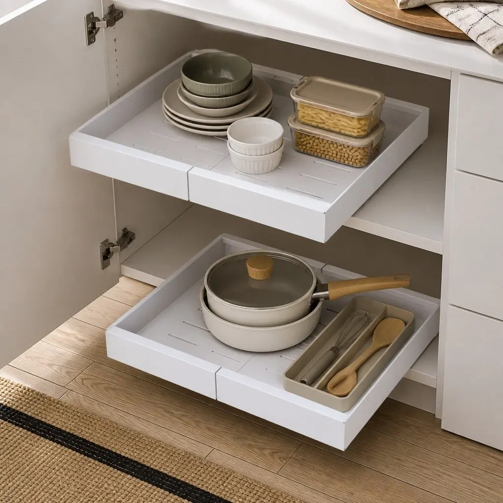 Pull Out Cabinet Organizer Drawer Shelf Adjustable Width 42cm Depth 2 Piece