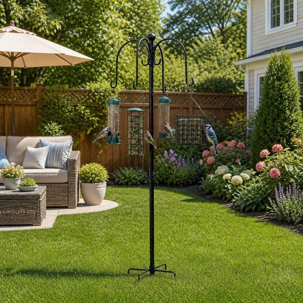 Bird Feeder Station Adjustable Height 224cm 8 Hooks Outdoor Garden Stand