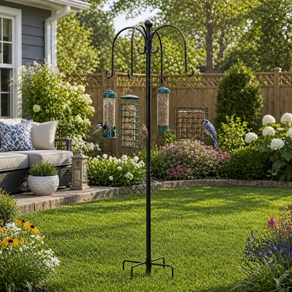 Bird Feeder Station Adjustable Height 224cm 8 Hooks Outdoor Garden Stand