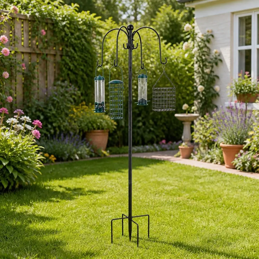 Hanging Bird Feeder Station Adjustable Height 224cm 4 Feeders 8 Hooks Outdoor Garden Pole