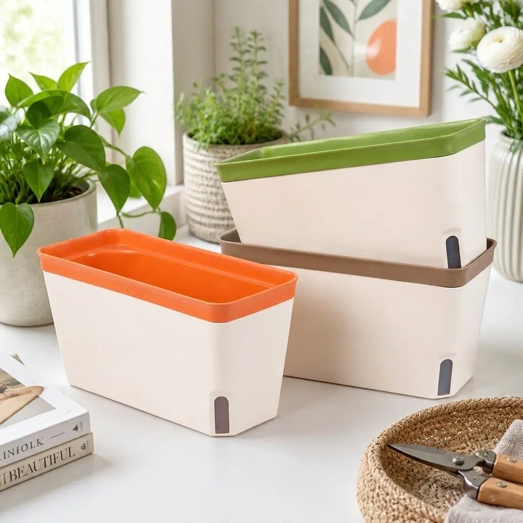 Self Watering Plant Pots 3 Piece Set Wick System Indoor Planter Box 27cm L x 11.5cm W x 14cm H