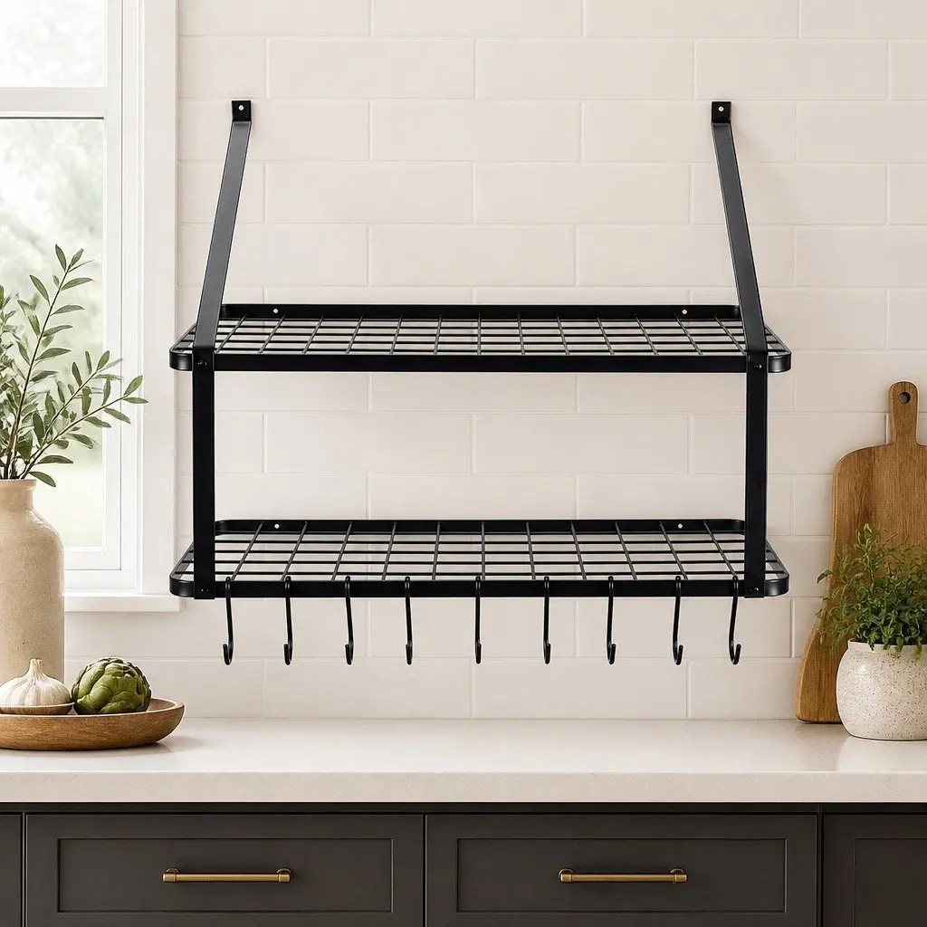 Wall Mounted Pot Pan Rack with Mesh Shelf and 10 Hooks for Kitchen Storage Organizer