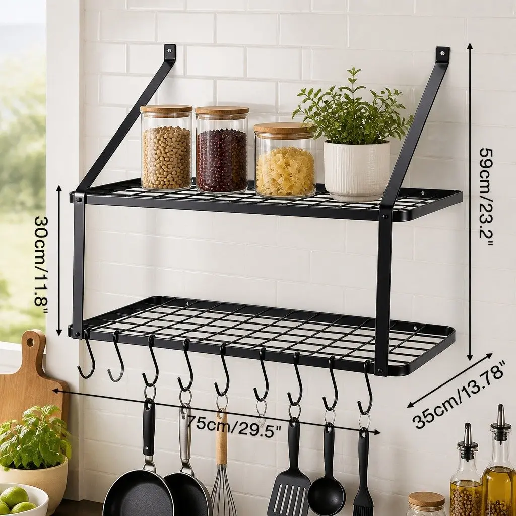 Wall Mounted Pot Pan Rack with Mesh Shelf and 10 Hooks for Kitchen Storage Organizer