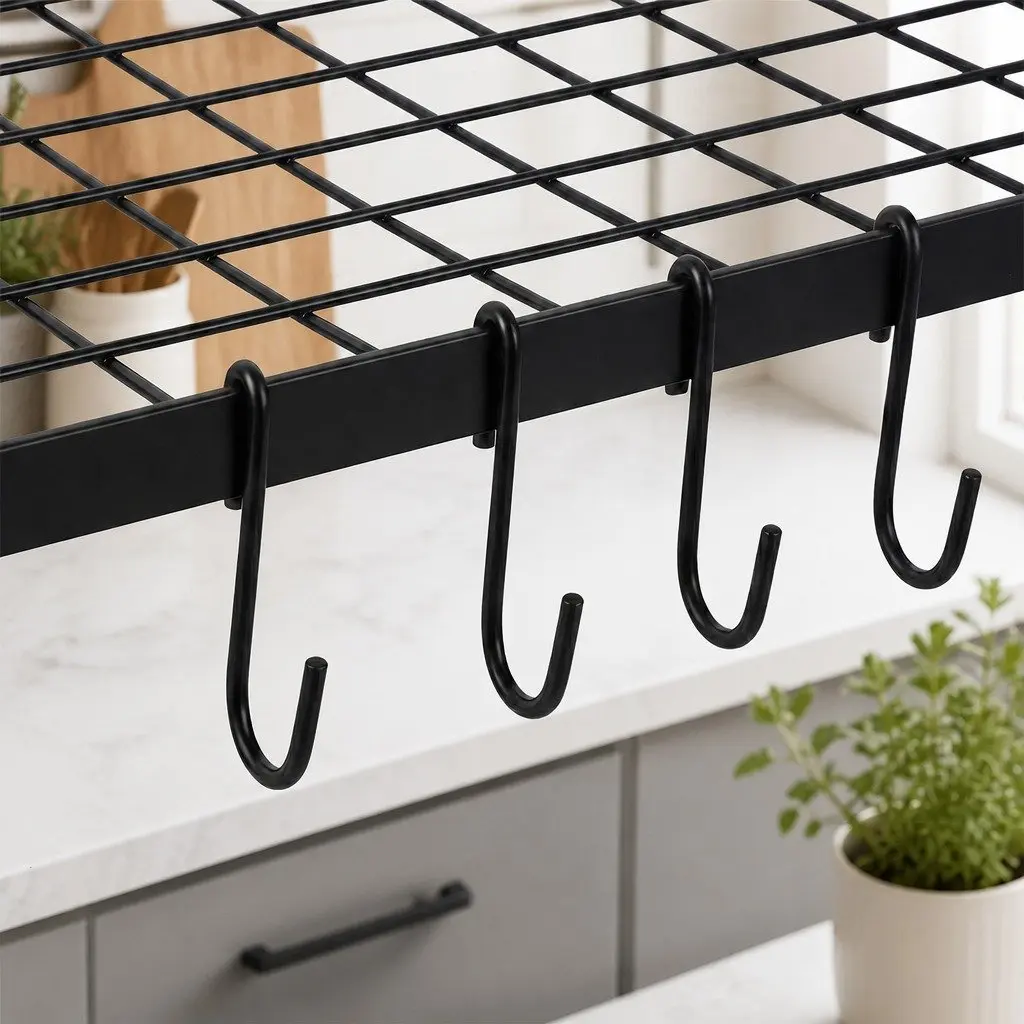 Wall Mounted Pot Pan Rack with Mesh Shelf and 10 Hooks for Kitchen Storage Organizer