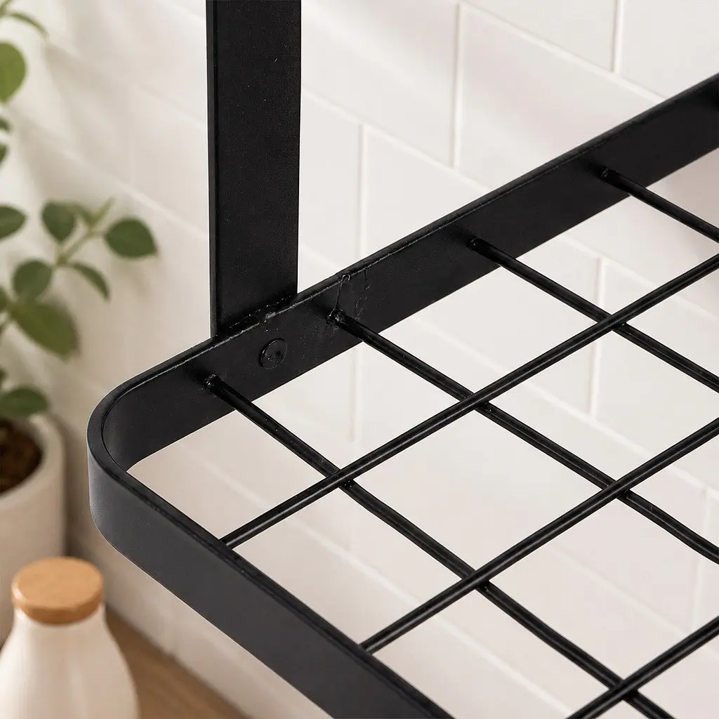 Wall Mounted Pot Pan Rack with Mesh Shelf and 10 Hooks for Kitchen Storage Organizer
