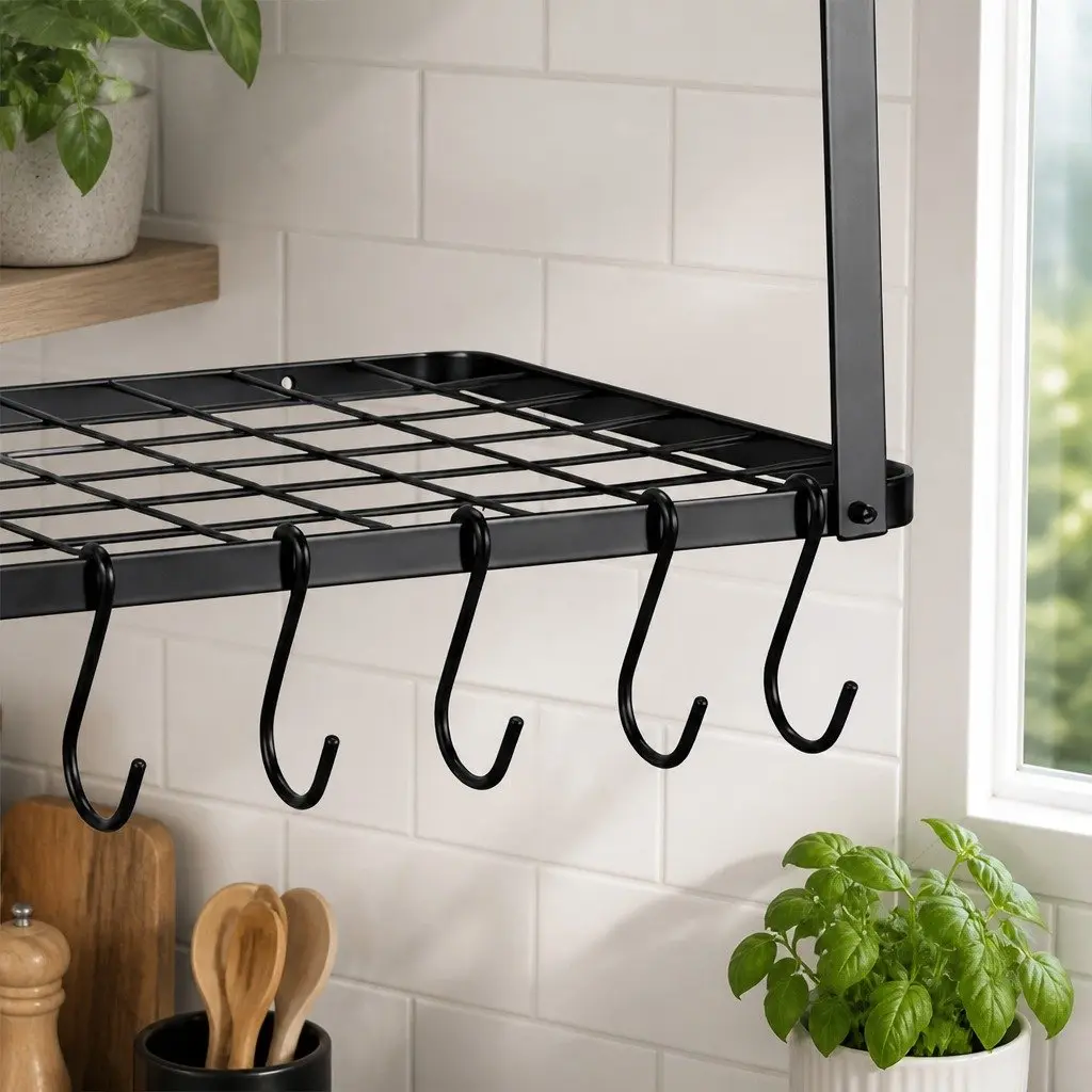 Wall Mounted Pot Pan Rack with Mesh Shelf and 10 Hooks for Kitchen Storage Organizer