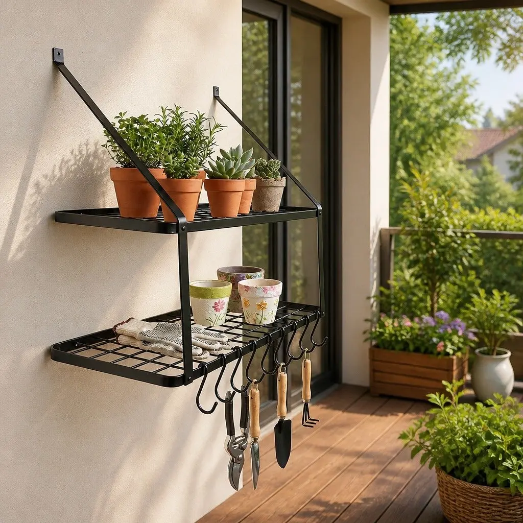 Wall Mounted Pot Pan Rack with Mesh Shelf and 10 Hooks for Kitchen Storage Organizer