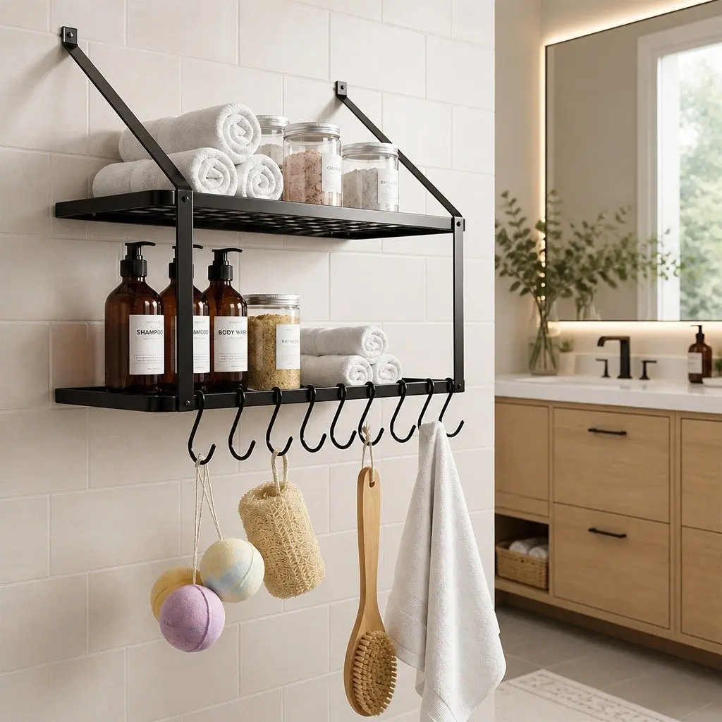 Wall Mounted Pot Pan Rack with Mesh Shelf and 10 Hooks for Kitchen Storage Organizer