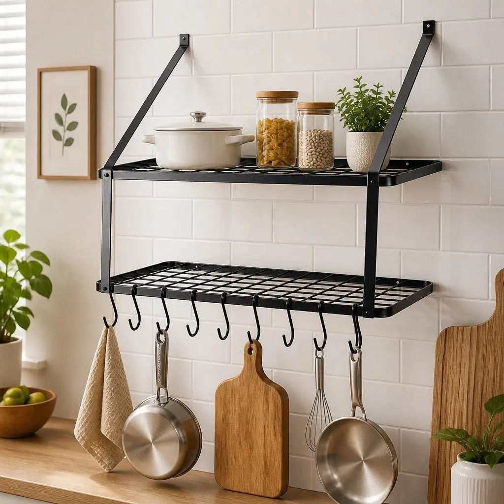 Wall Mounted Pot Pan Rack with Mesh Shelf and 10 Hooks for Kitchen Storage Organizer