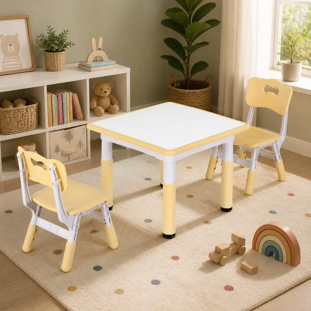 Kids Table and Chairs Set Height Adjustable Draw-on Tabletop for Ages 3-8