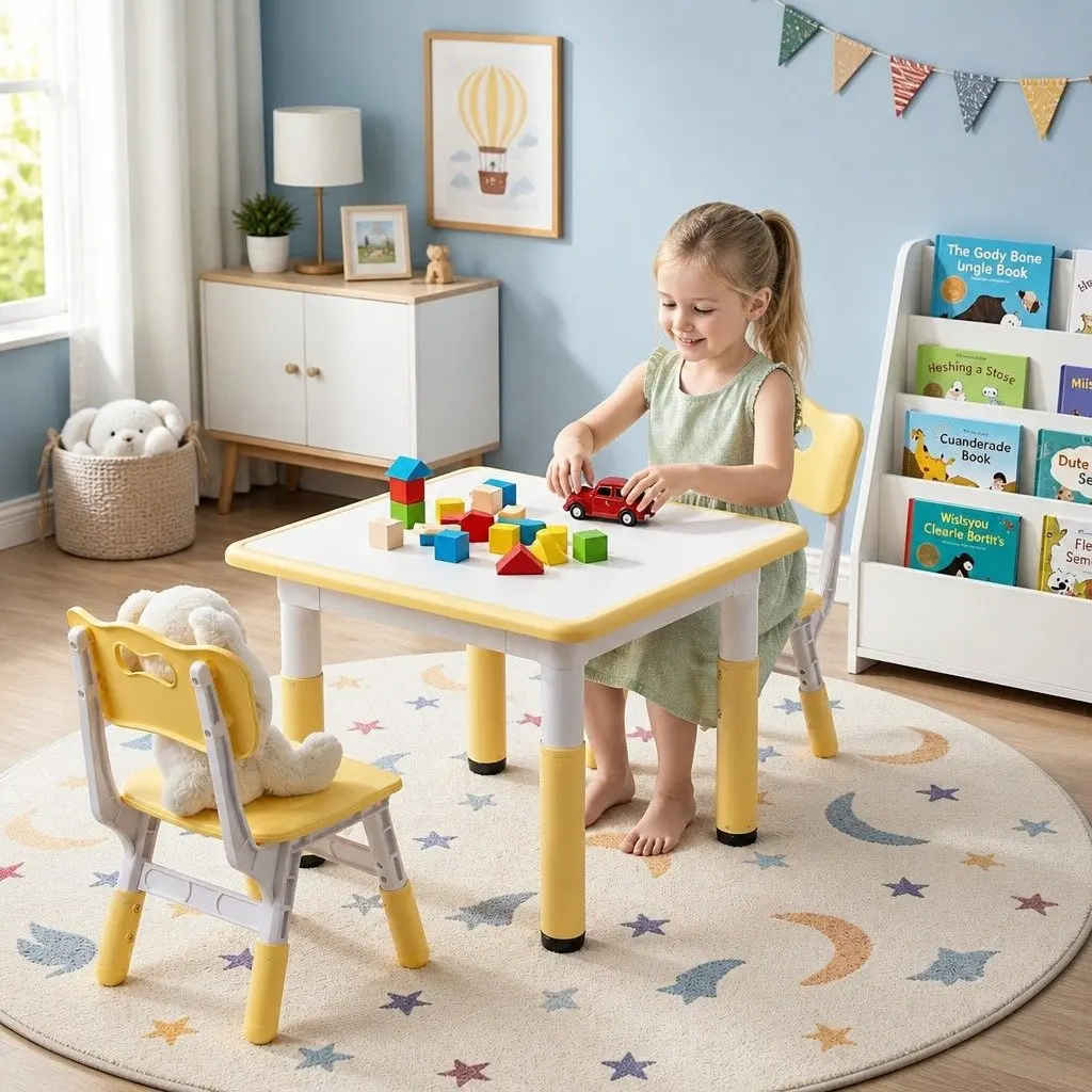 Kids Table and Chairs Set Height Adjustable Draw-on Tabletop for Ages 3-8