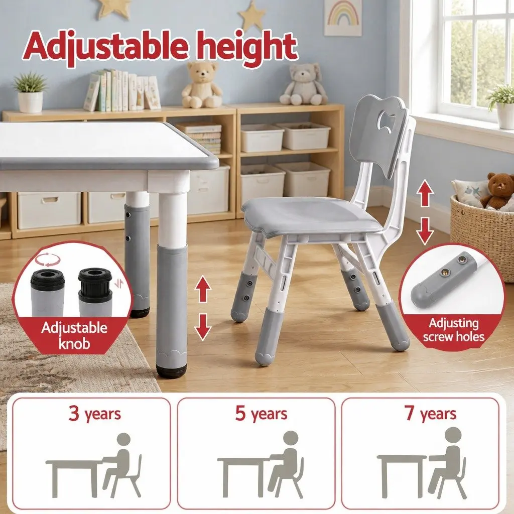 Kids Table and 4 Chairs Set Height Adjustable Activity Desk Draw-on Tabletop