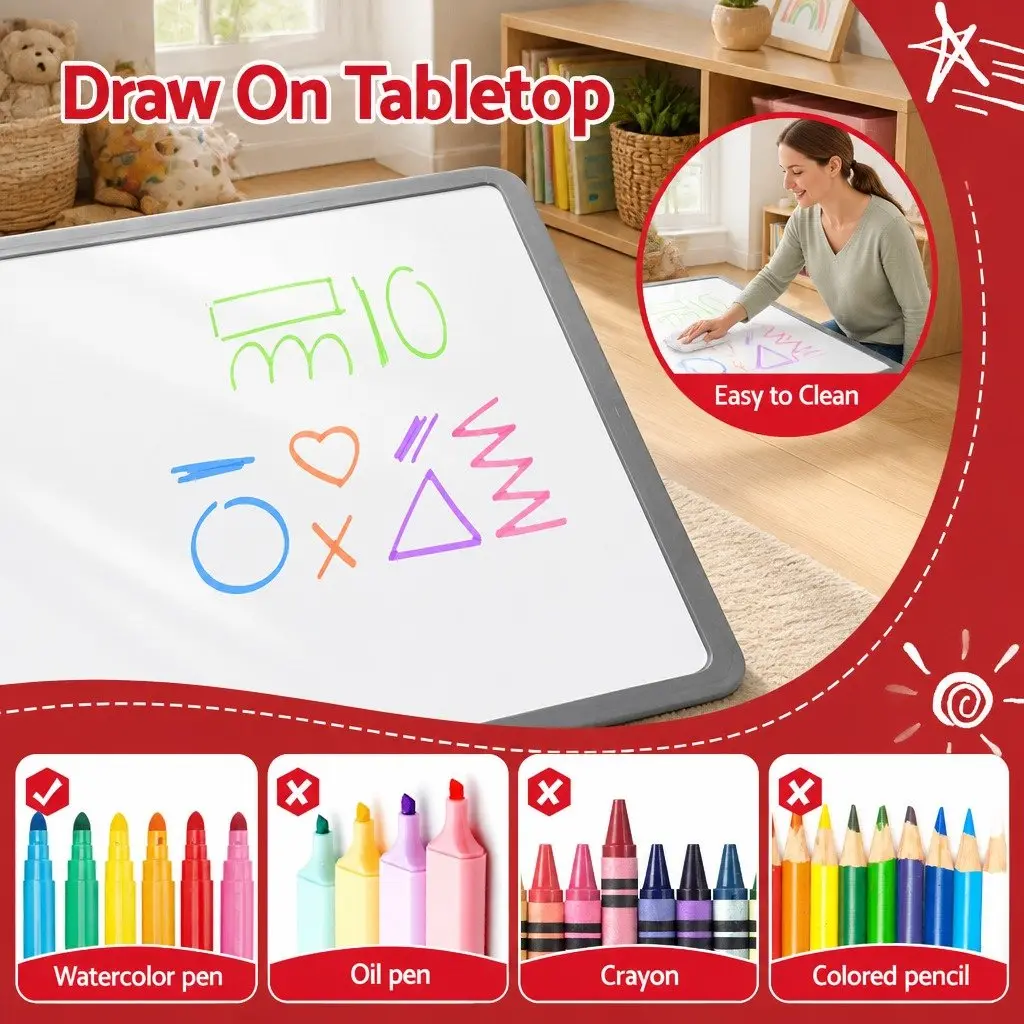 Kids Table and 4 Chairs Set Height Adjustable Activity Desk Draw-on Tabletop