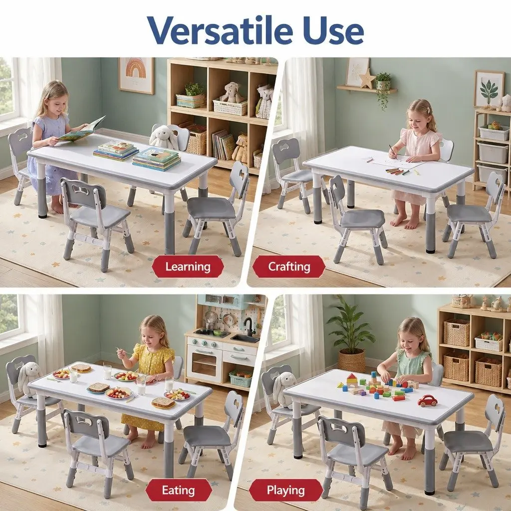 Kids Table and 4 Chairs Set Height Adjustable Activity Desk Draw-on Tabletop