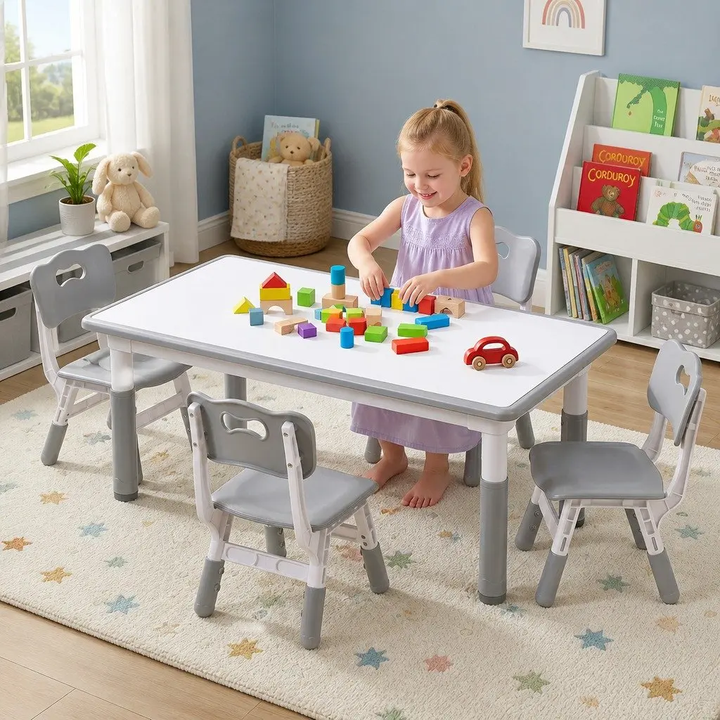 Kids Table and 4 Chairs Set Height Adjustable Activity Desk Draw-on Tabletop