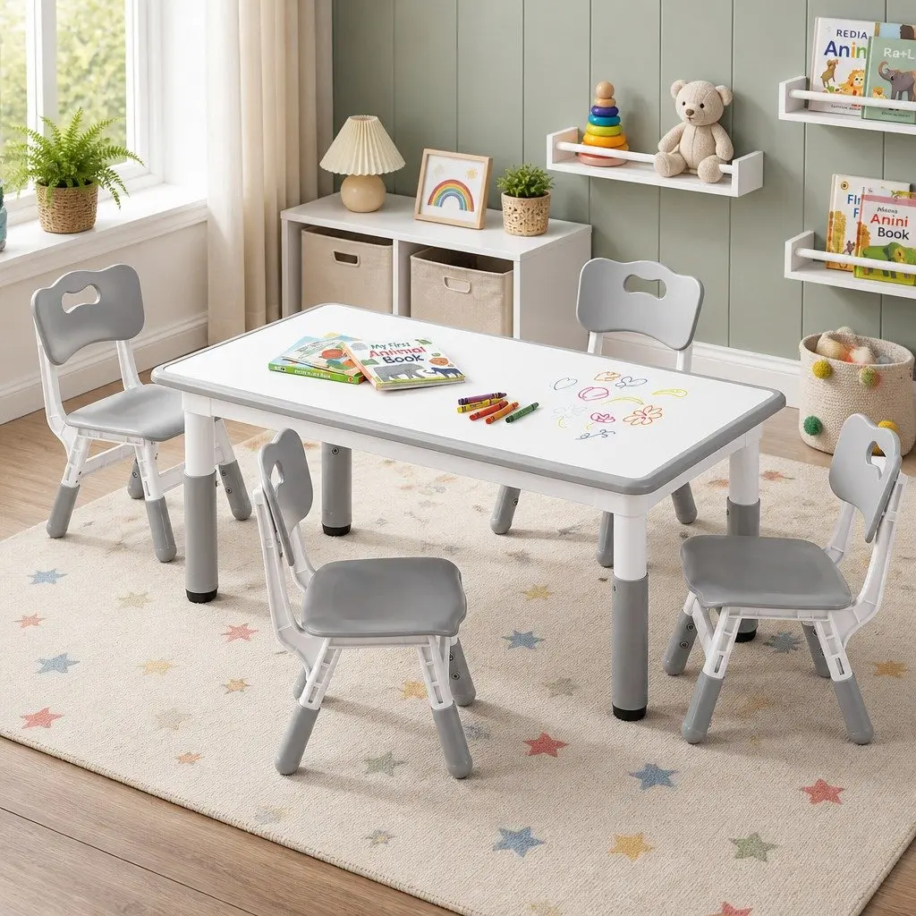 Kids Table and 4 Chairs Set Height Adjustable Activity Desk Draw-on Tabletop
