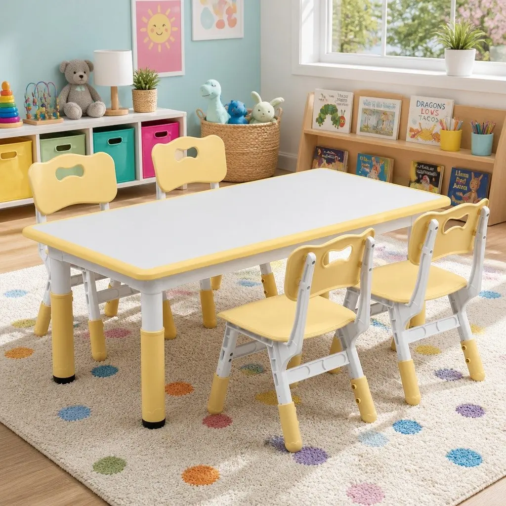 Kids Table and 4 Chairs Set Height Adjustable Activity Desk Drawing Toddler