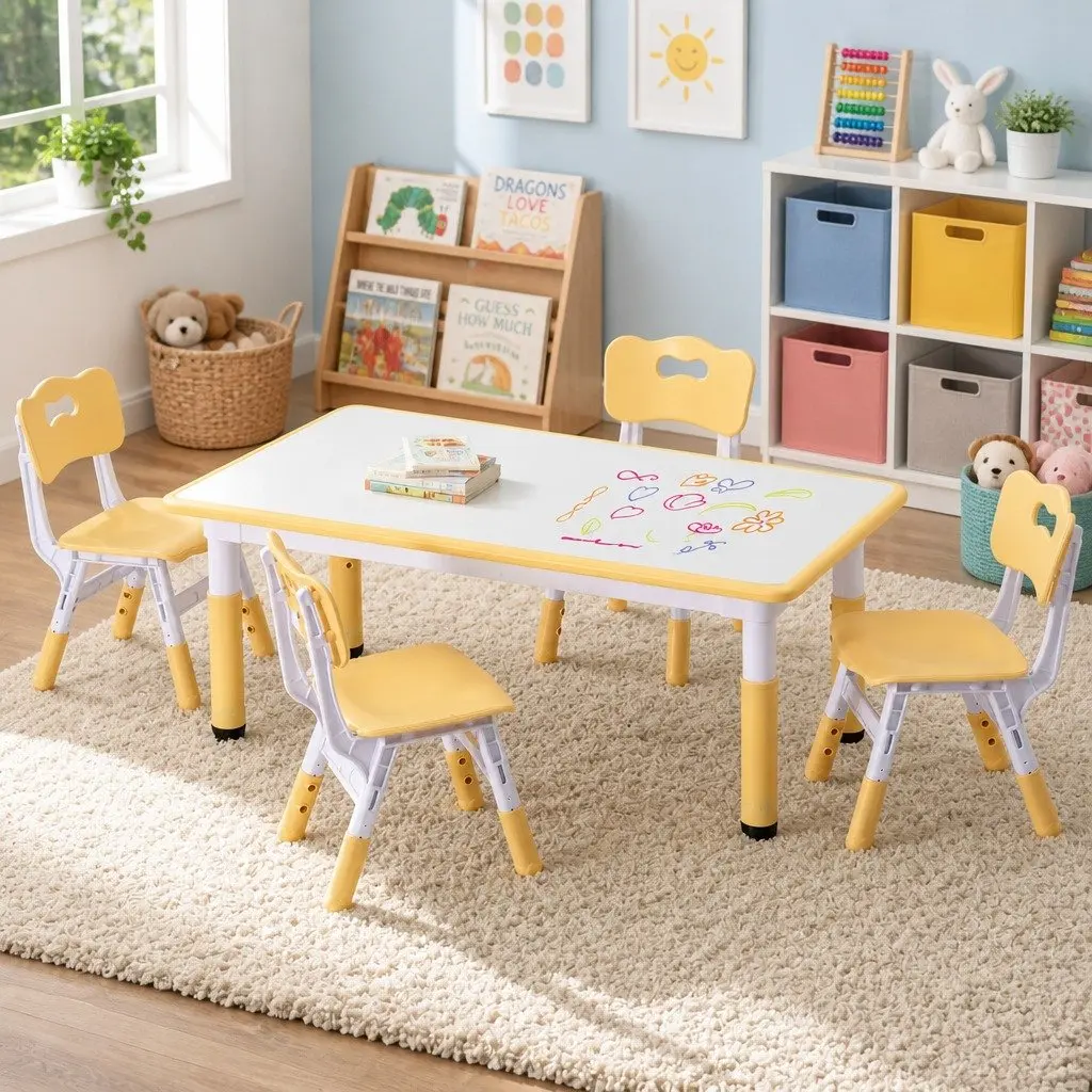 Kids Table and 4 Chairs Set Height Adjustable Activity Desk Drawing Toddler