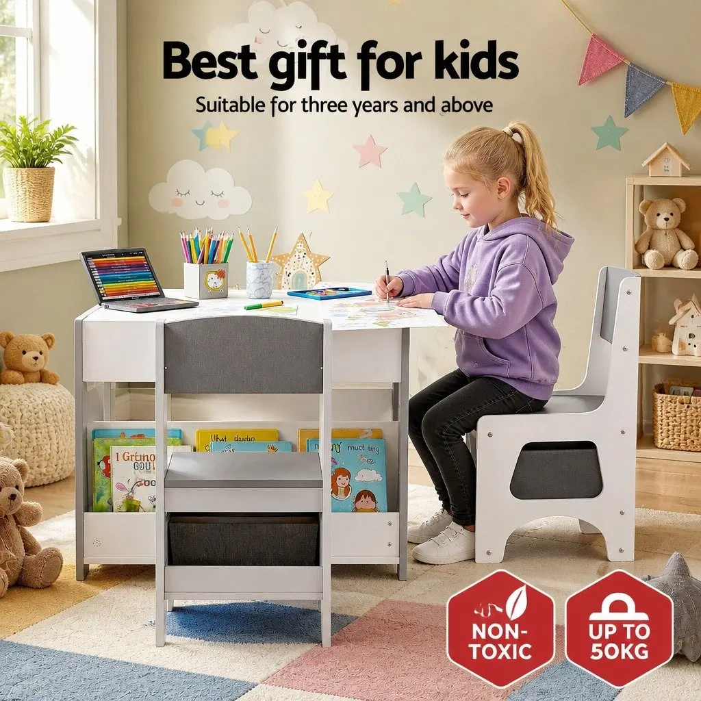 Kids Table and Chair Set 4 in 1 Wooden Activity Desk Blackboard Whiteboard