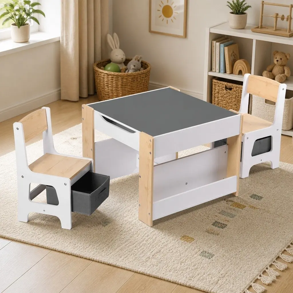 Kids Table and Chair Set 4 in 1 Wooden Activity Desk with Blackboard Whiteboard