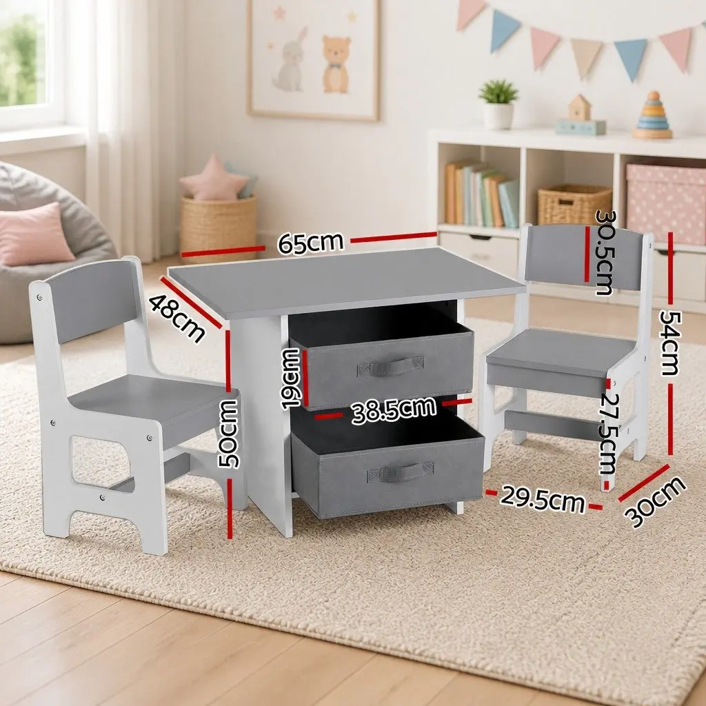 Kids Table and 2 Chairs Set Wooden Activity Desk with Storage Drawers Grey