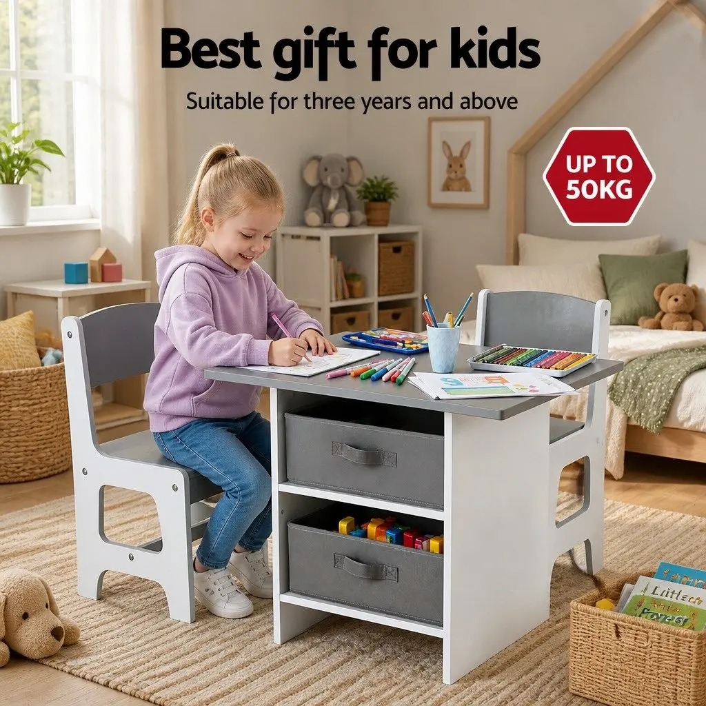 Kids Table and 2 Chairs Set Wooden Activity Desk with Storage Drawers Grey