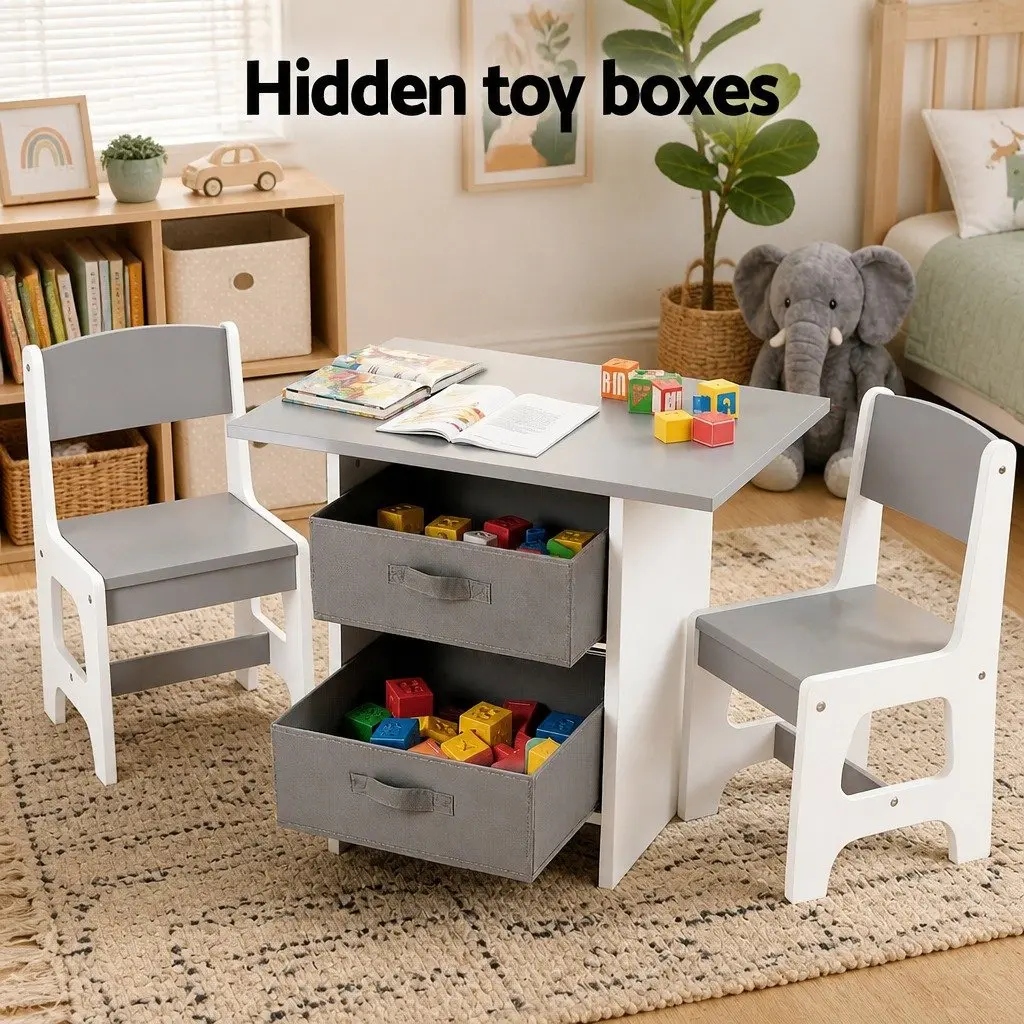 Kids Table and 2 Chairs Set Wooden Activity Desk with Storage Drawers Grey