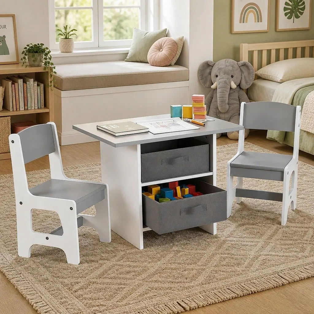 Kids Table and 2 Chairs Set Wooden Activity Desk with Storage Drawers Grey