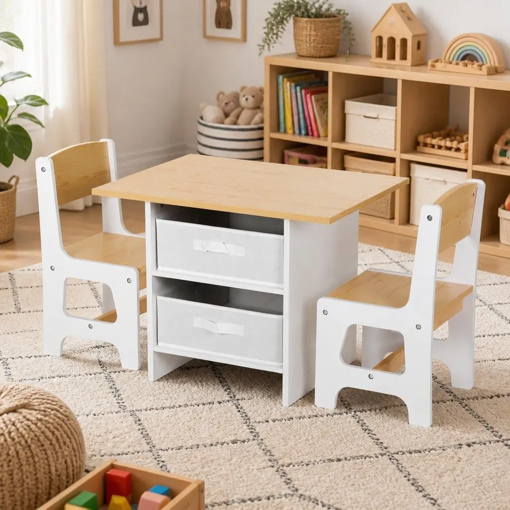 Kids Table and 2 Chairs Set Activity Desk with Storage Drawers for Drawing and Creative Play