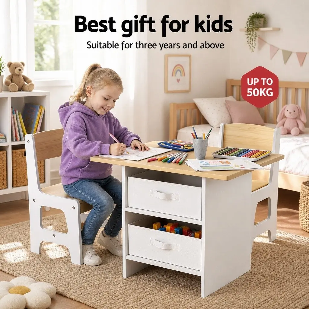 Kids Table and 2 Chairs Set Activity Desk with Storage Drawers for Drawing and Creative Play