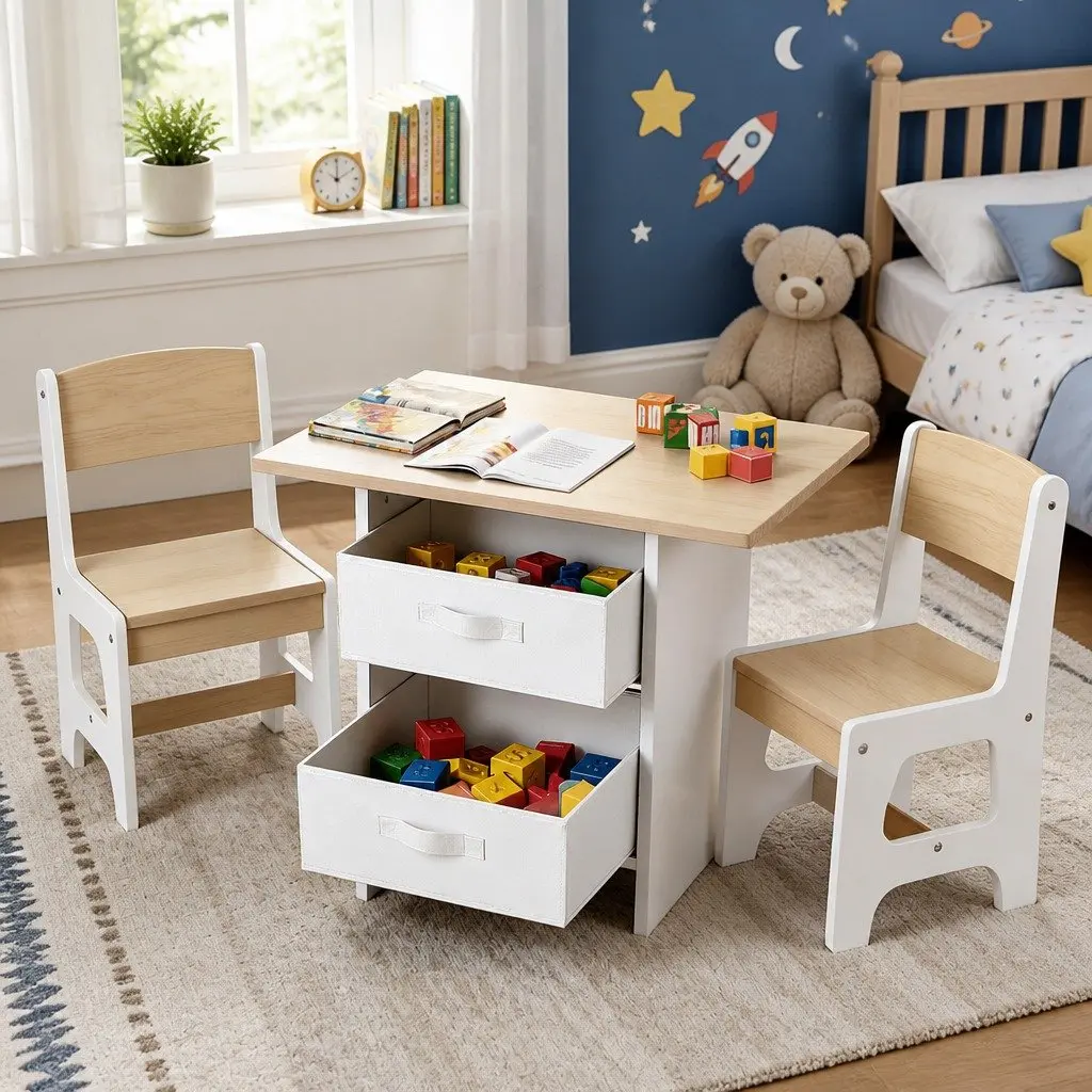 Kids Table and 2 Chairs Set Activity Desk with Storage Drawers for Drawing and Creative Play