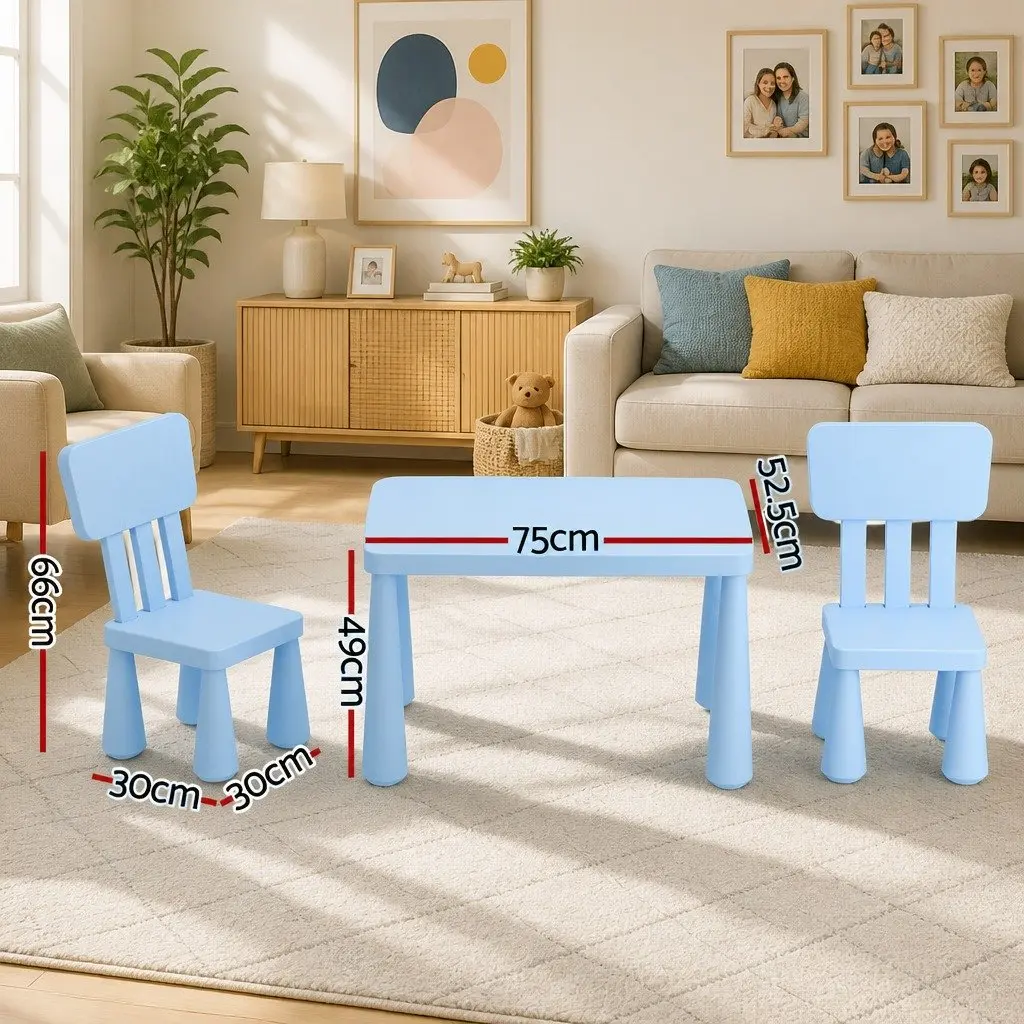 Kids Table and Chairs Set Blue Non-Toxic PP Material Smooth Edges Sturdy Construction 3 Piece