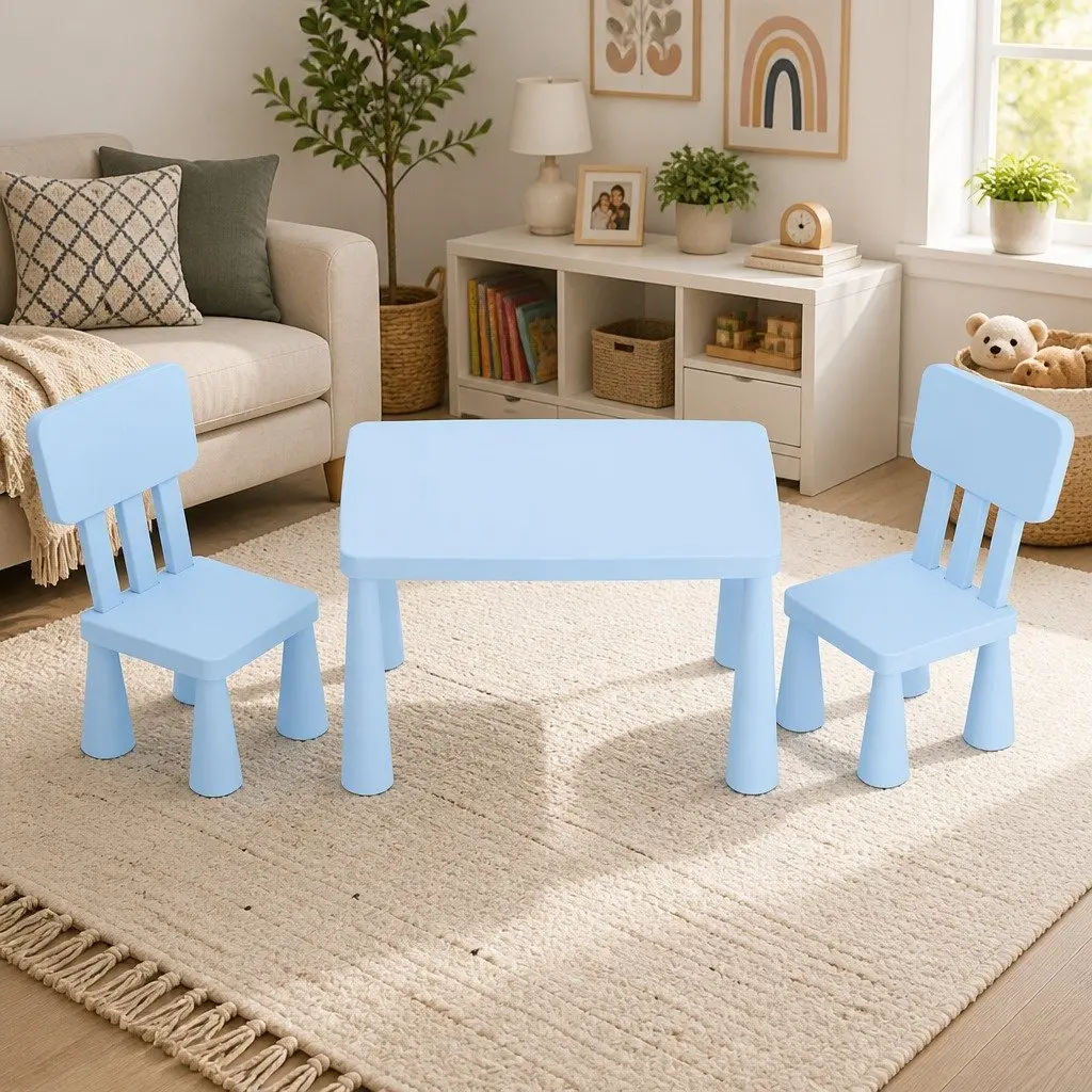 Kids Table and Chairs Set Blue Non-Toxic PP Material Smooth Edges Sturdy Construction 3 Piece
