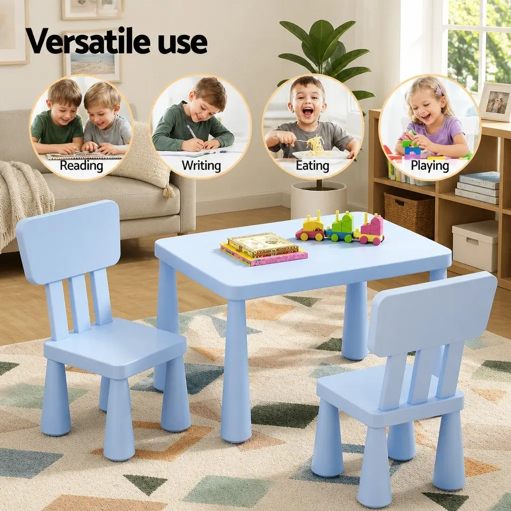 Kids Table and Chairs Set Blue Non-Toxic PP Material Smooth Edges Sturdy Construction 3 Piece